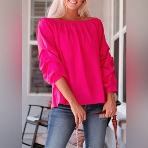 Plus Size Pleated Sleeve Off Shoulder Top